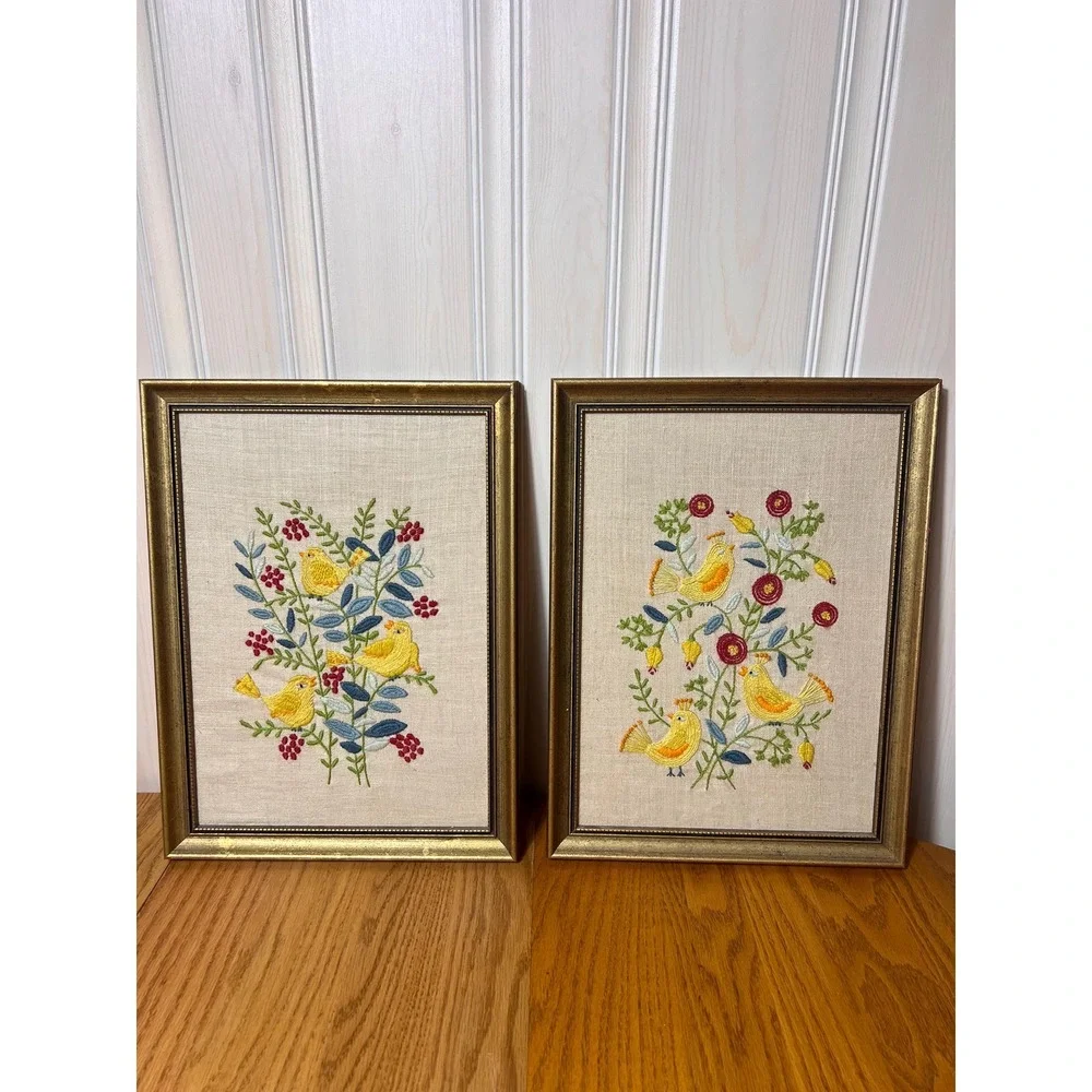 Vintage Hand Embroidered Bird Wall Art Pair Framed Folk Art Cottagecore Grandma